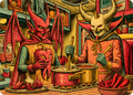 Vibrant retro-style illustration of two horned demon characters cooking in a kitchen, stirring pots over flames with red peppers in bowls and on trays.