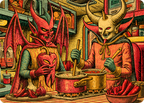 Vibrant retro-style illustration of two horned demon characters cooking in a kitchen, stirring pots over flames with red peppers in bowls and on trays.