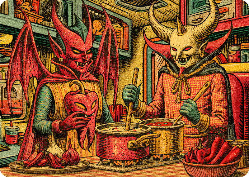 Vibrant retro-style illustration of two horned demon characters cooking in a kitchen, stirring pots over flames with red peppers in bowls and on trays.